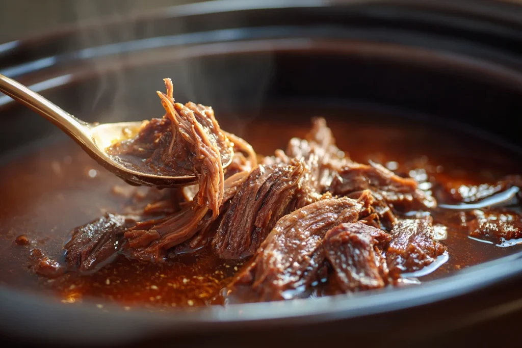 Shredded beef and au jus for Crockpot French dip sandwiches
