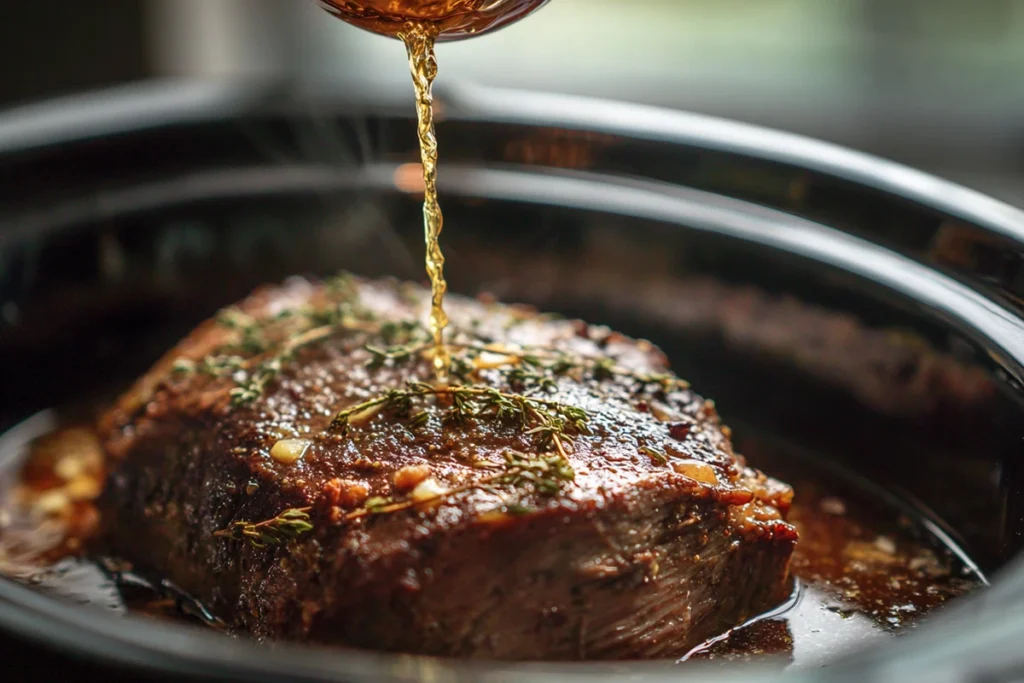 Seasoned chuck roast in slow cooker for Crockpot French dip sandwiches
