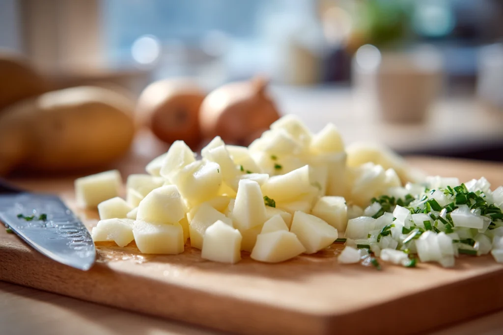 prepping-ingredients-for-crockpot-potato-soup-diced-potatoes-and-onions