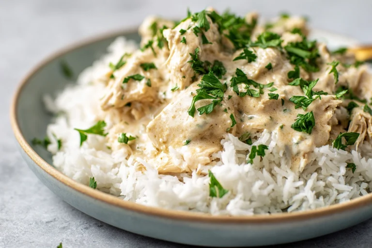 Crockpot Ranch Chicken plated with creamy sauce and fresh herbs