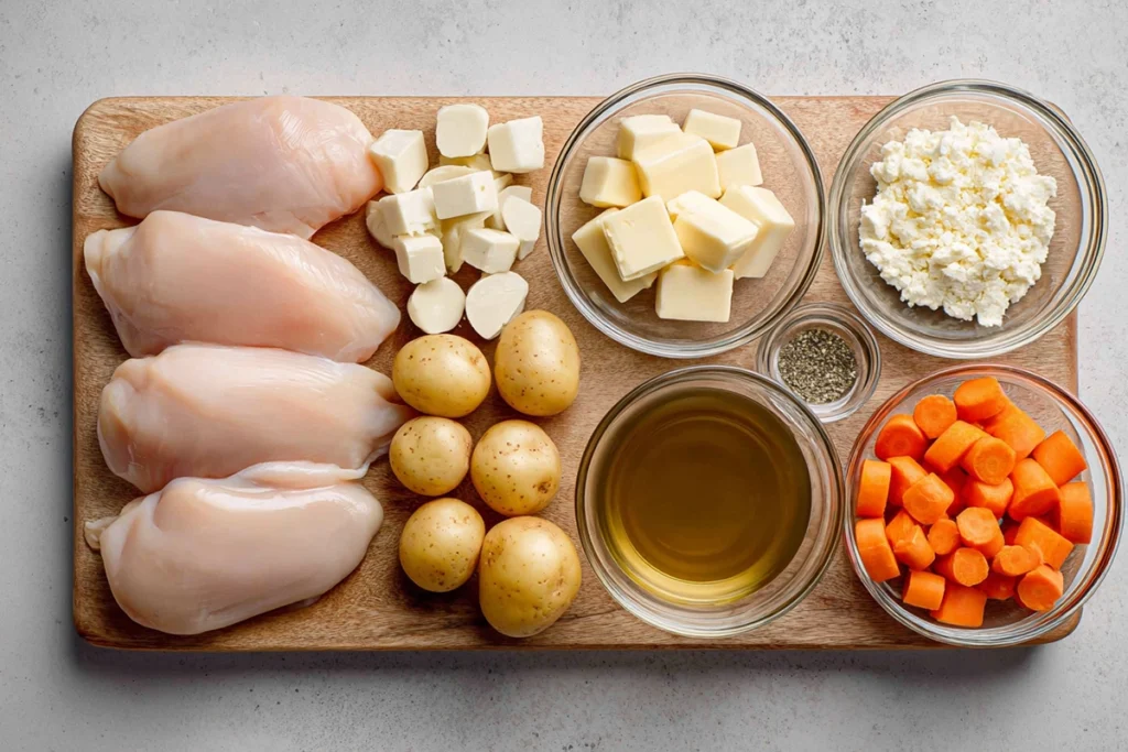 Ingredients for Crockpot Ranch Chicken arranged on a kitchen counter