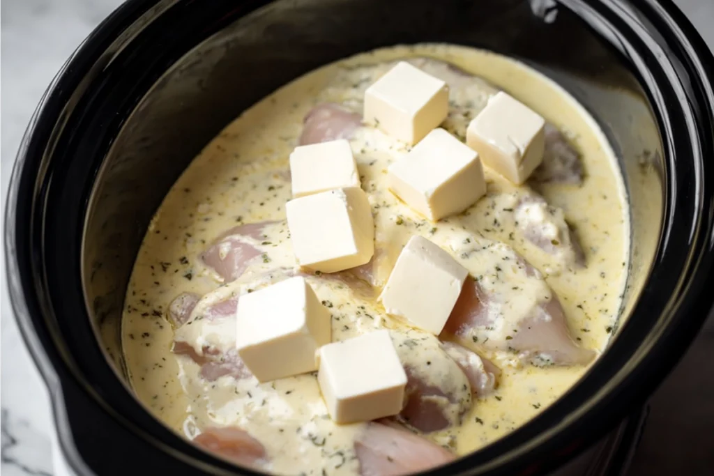 Layering chicken and creamy ranch sauce in a crockpot