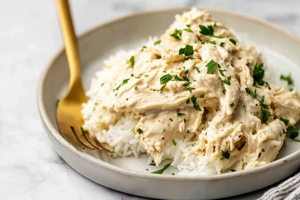 Crockpot Ranch Chicken served over rice with creamy sauce