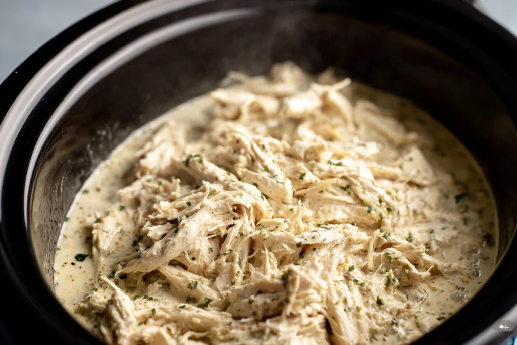 Shredded Crockpot Ranch Chicken in creamy sauce