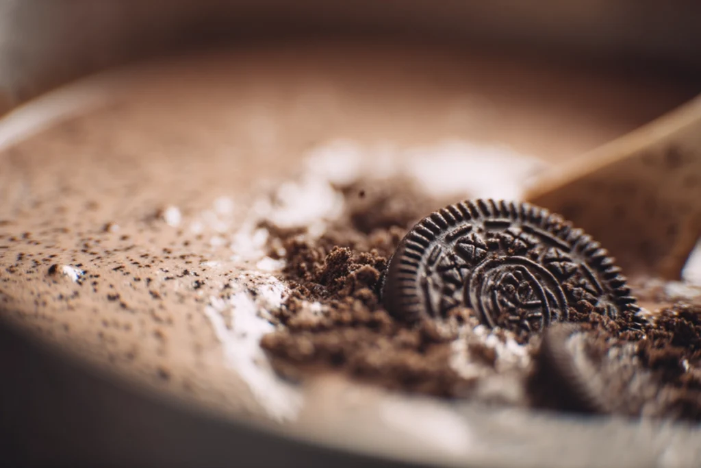 Crushed Oreos melting into Oreo Hot Chocolate for a creamy texture