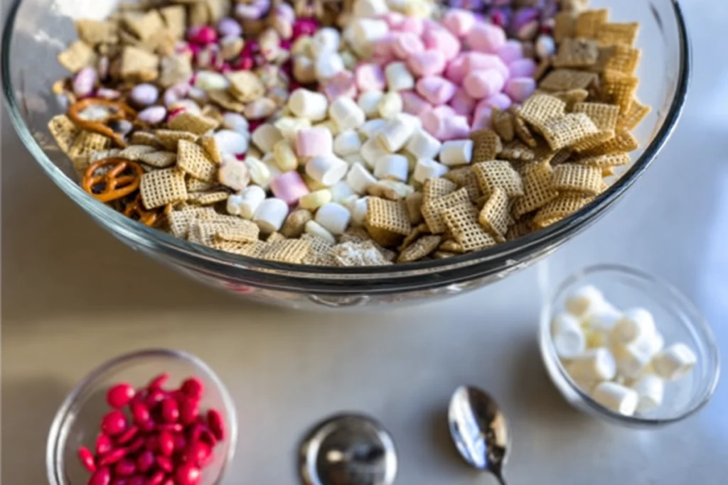 melted white chocolate for Cupid Crunch Trail Mix in a clean modern kitchen