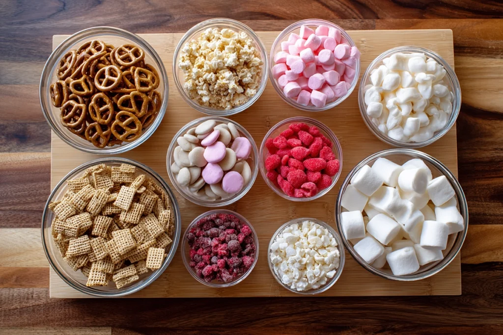 overhead photograph of Cupid Crunch Trail Mix ingredients arranged on a modern counter