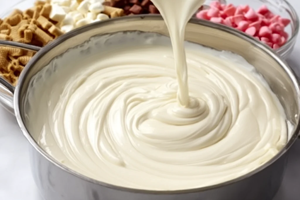 mixing bowl filled with Cupid Crunch Trail Mix dry ingredients during prep