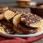 photorealistic hero shot of dipped chocolate chip pizzelle cookies on modern kitchen counter