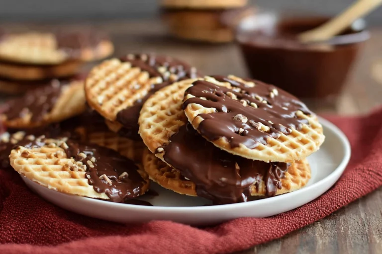 photorealistic hero shot of dipped chocolate chip pizzelle cookies on modern kitchen counter
