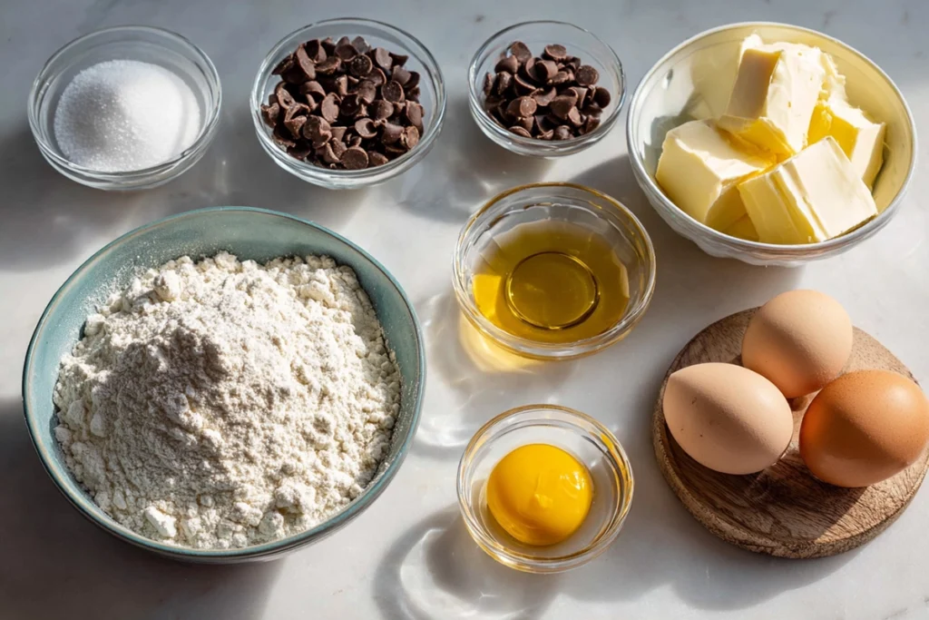 overhead photo of ingredients for dipped chocolate chip pizzelle cookies arranged neatly