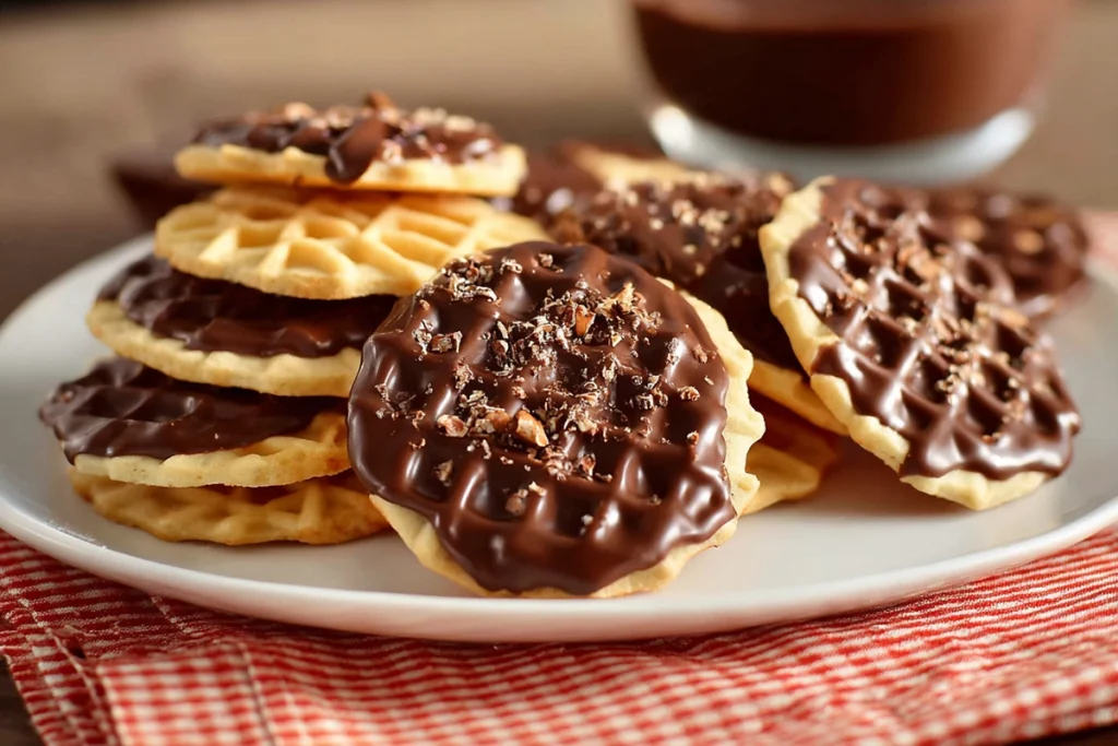 serving plate of dipped chocolate chip pizzelle cookies in modern kitchen setting
