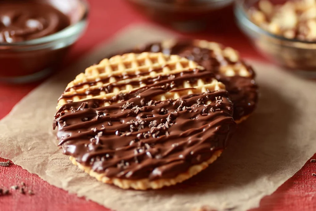 macro shot of dipping chocolate chip pizzelle cookies into melted chocolate