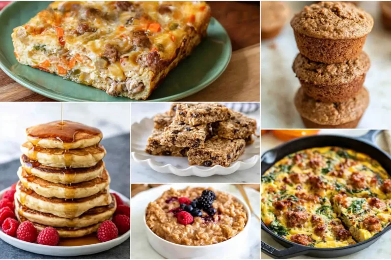 Hero image featuring a variety of easy breakfast recipes, including pancakes, yogurt parfait, avocado toast, and scrambled eggs displayed in a bright modern kitchen.