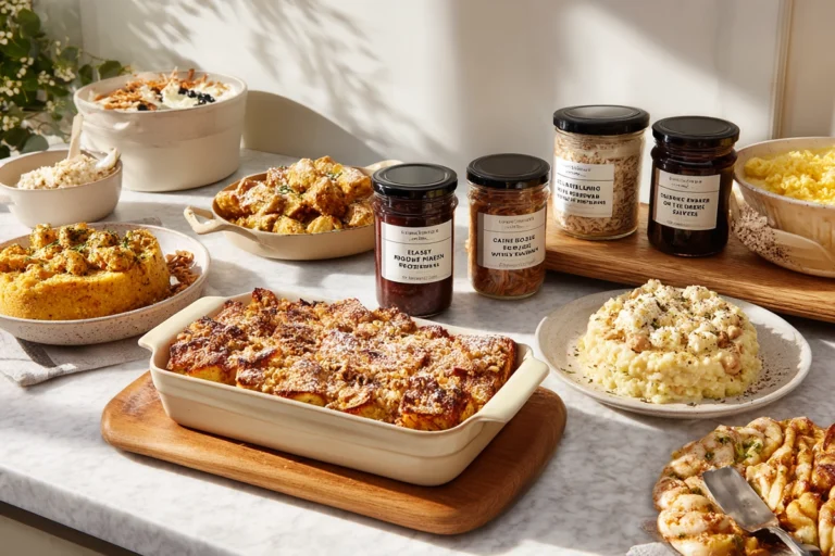 Hero image featuring a variety of easy breakfast recipes, including pancakes, yogurt parfait, avocado toast, and scrambled eggs displayed in a bright modern kitchen.