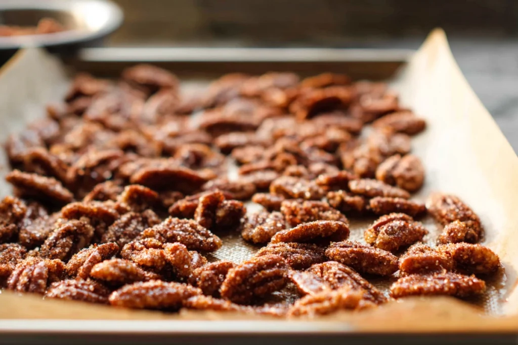 Easy Candied Pecans baking on a parchment-lined sheet until crisp