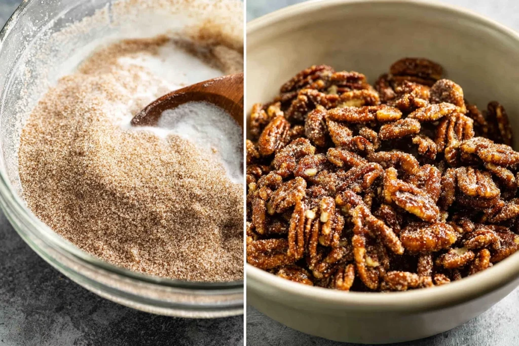 Pecans being coated with cinnamon sugar for Easy Candied Pecans