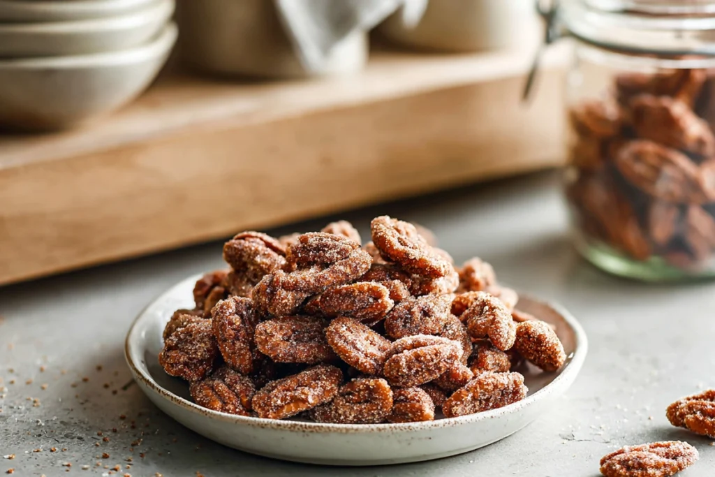 Easy Candied Pecans served on a ceramic plate in a cozy home kitchen