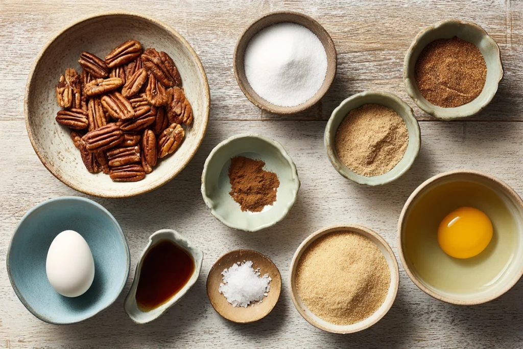 Ingredients for Easy Candied Pecans arranged on a wooden kitchen counter