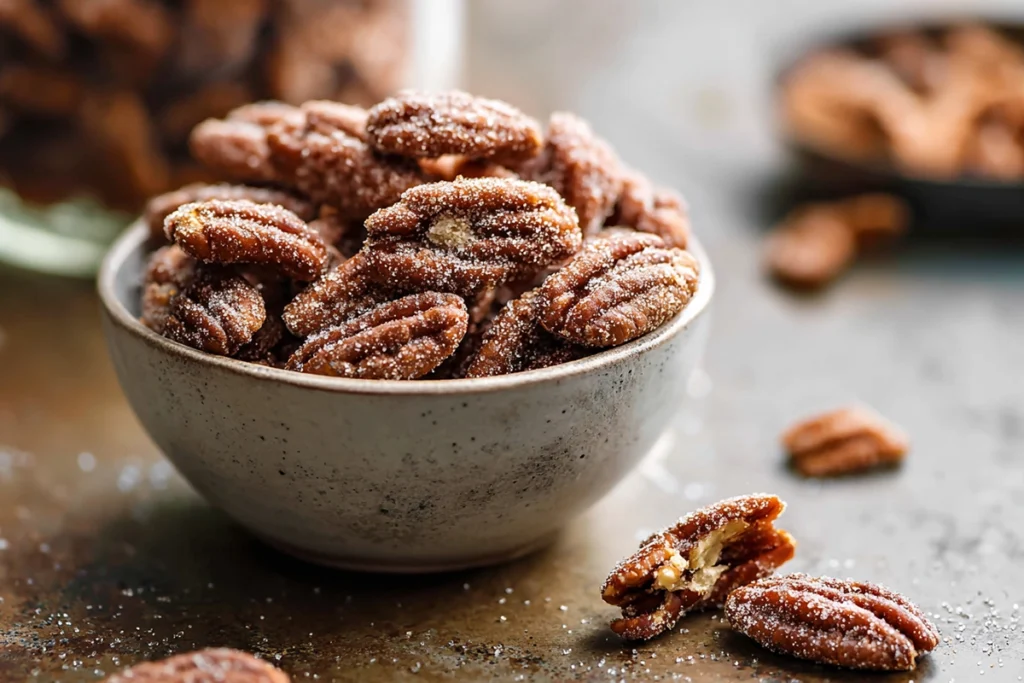 Easy Candied Pecans ready to eat in a small ceramic bowl