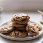 espresso chocolate chip cookies hero shot on modern kitchen counter