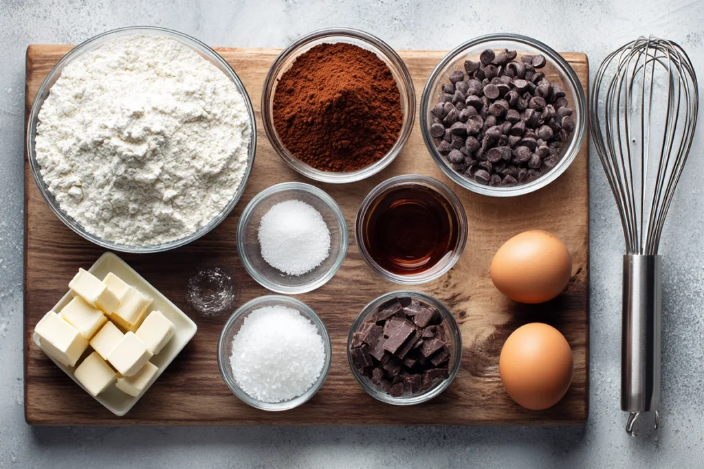 Espresso Chocolate Chip Cookies That Satisfy Every Coffee Lover 7 overhead ingredients layout for espresso chocolate chip cookies