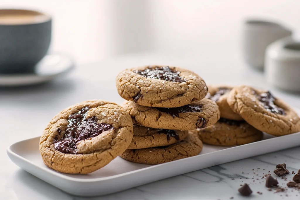 Espresso Chocolate Chip Cookies That Satisfy Every Coffee Lover 10 serving tray of espresso chocolate chip cookies styled in modern kitchen
