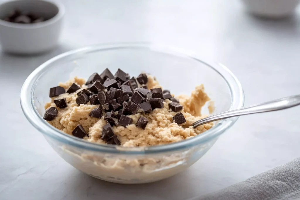 Dark chocolate folded into healthy chocolate chip cookie dough
