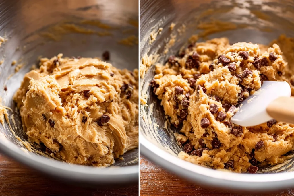 detailed shot folding toffee bits into cookie dough mixture