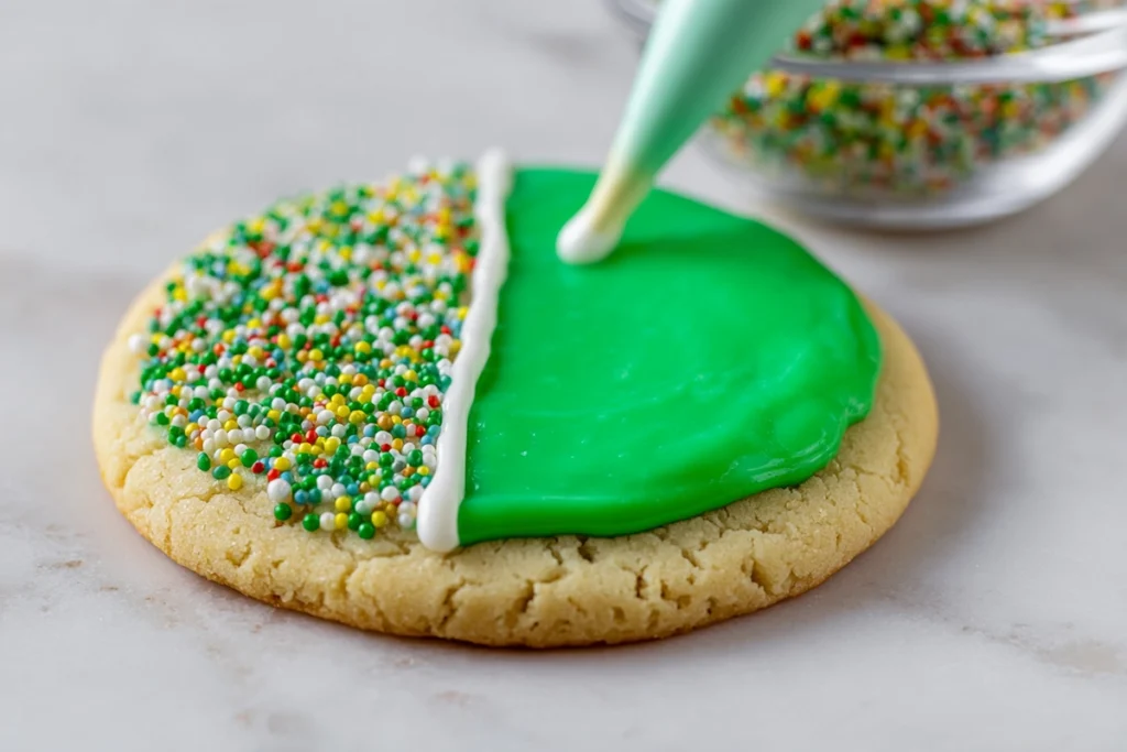 close-up of icing and decorating process for Football Stadium Sugar Cookies