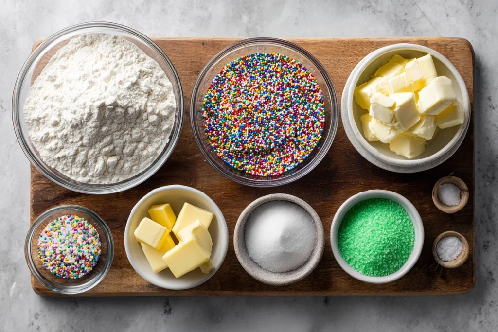 overhead flat lay of ingredients for Football Stadium Sugar Cookies in glass bowls