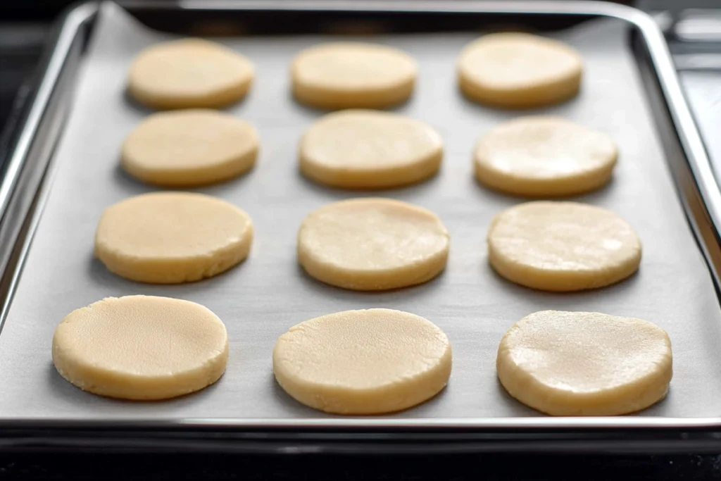 round cookie dough cutouts on baking sheet for Football Stadium Sugar Cookies