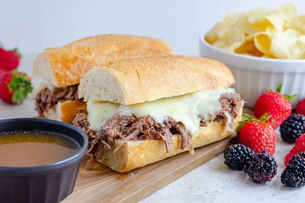 French dip sandwiches with melted cheese and warm au jus on a wooden board