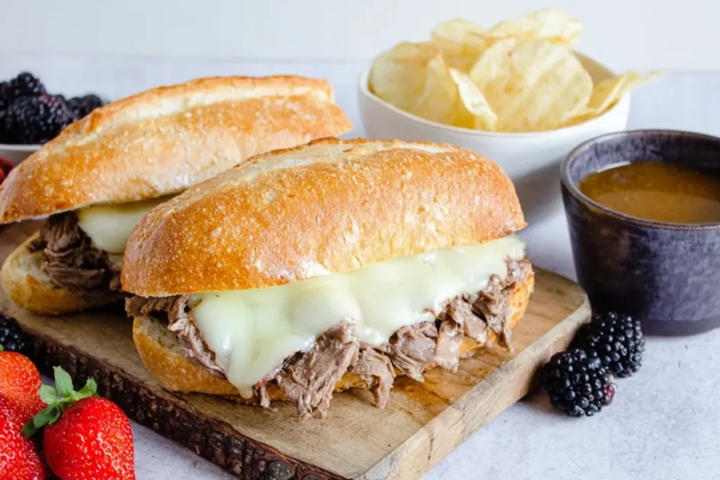 French dip sandwiches ready for dipping in warm au jus