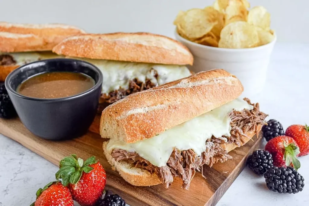 French dip sandwiches with chips fresh fruit and warm au jus