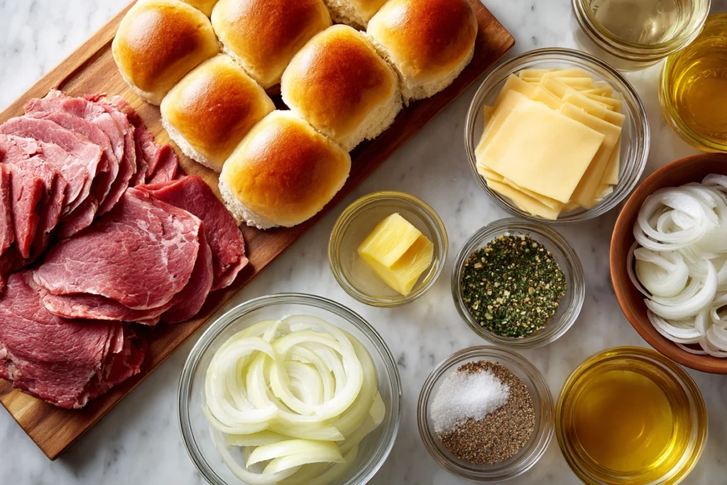 Ingredients for Best French Dip Sliders arranged on kitchen counter
