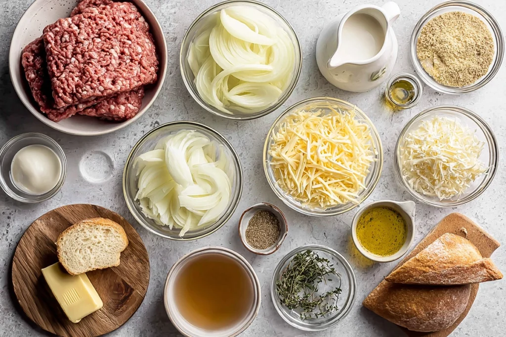Ingredients for French Onion Meatballs arranged on a kitchen counter