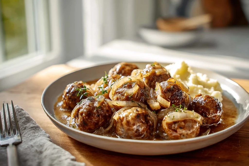French Onion Meatballs served with rich onion gravy