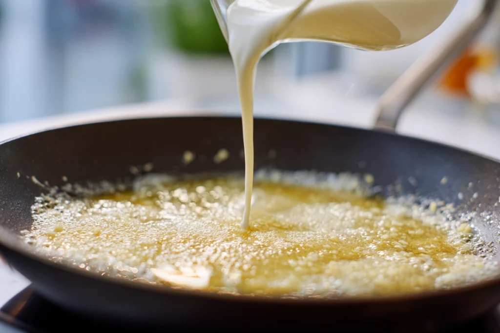 Garlic butter cream sauce being made for Creamy Garlic Butter Steak & Pasta