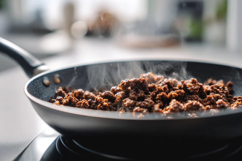 Browning beef for Garlic Butter Honey BBQ Beef Tacos in a skillet