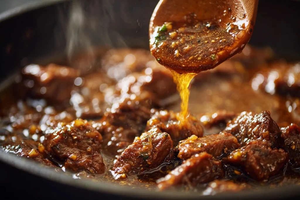 Garlic butter honey BBQ sauce coating beef for Garlic Butter Honey BBQ Beef Tacos