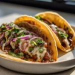 Garlic Butter Honey BBQ Beef Tacos plated with fresh cilantro and honey BBQ sauce