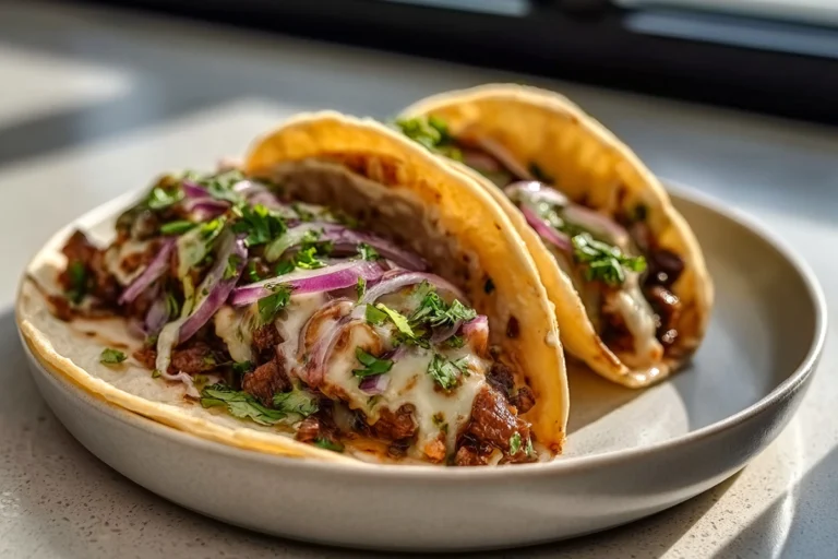 Garlic Butter Honey BBQ Beef Tacos plated with fresh cilantro and honey BBQ sauce