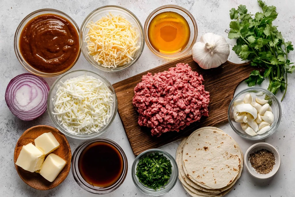 Ingredients for Garlic Butter Honey BBQ Beef Tacos arranged neatly on countertop