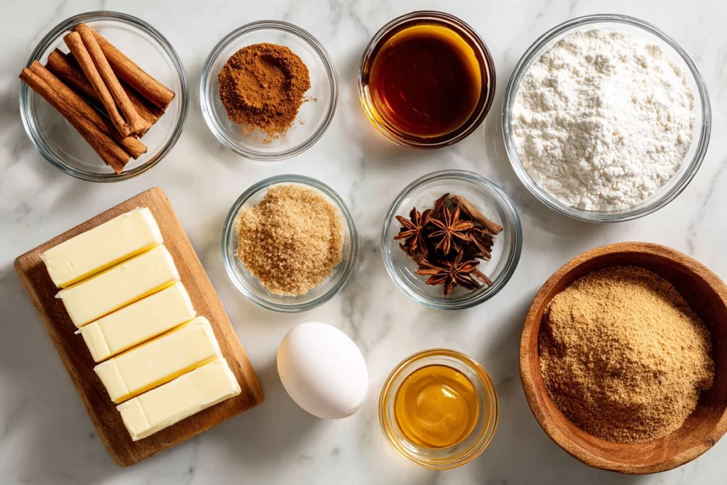 overhead ingredients layout for gingerbread cookie sticks in glass bowls