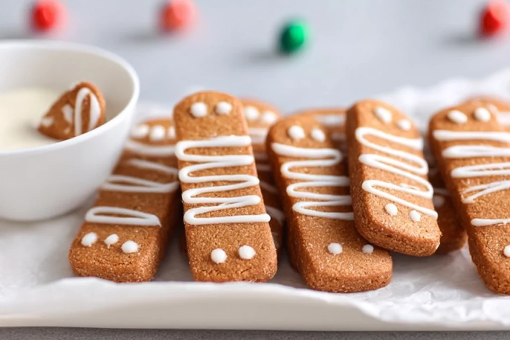 serving board with gingerbread cookie sticks styled in natural light