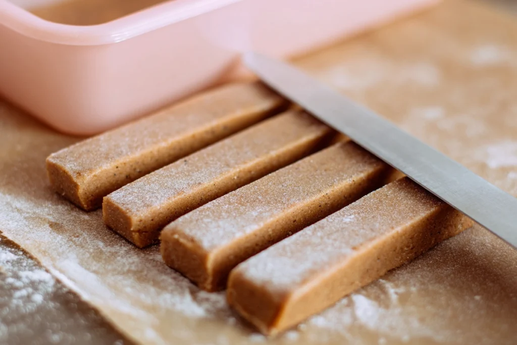slicing gingerbread cookie sticks dough into even strips