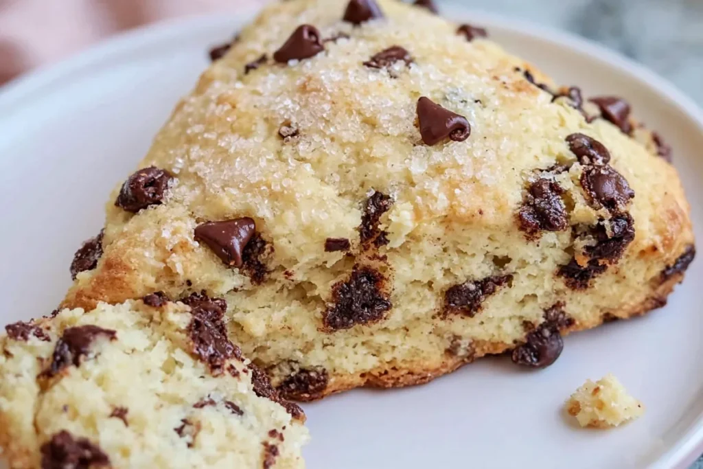 Golden Chocolate Chip Scones with coarse sugar topping on a white plate