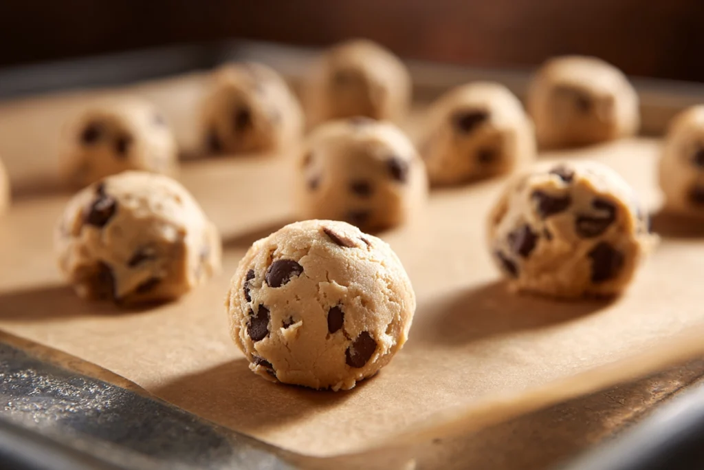cookie dough balls being shaped and placed on a baking sheet for gourmet chewy cookies