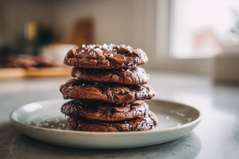 photorealistic gourmet chewy cookies stacked on a plate in a modern kitchen